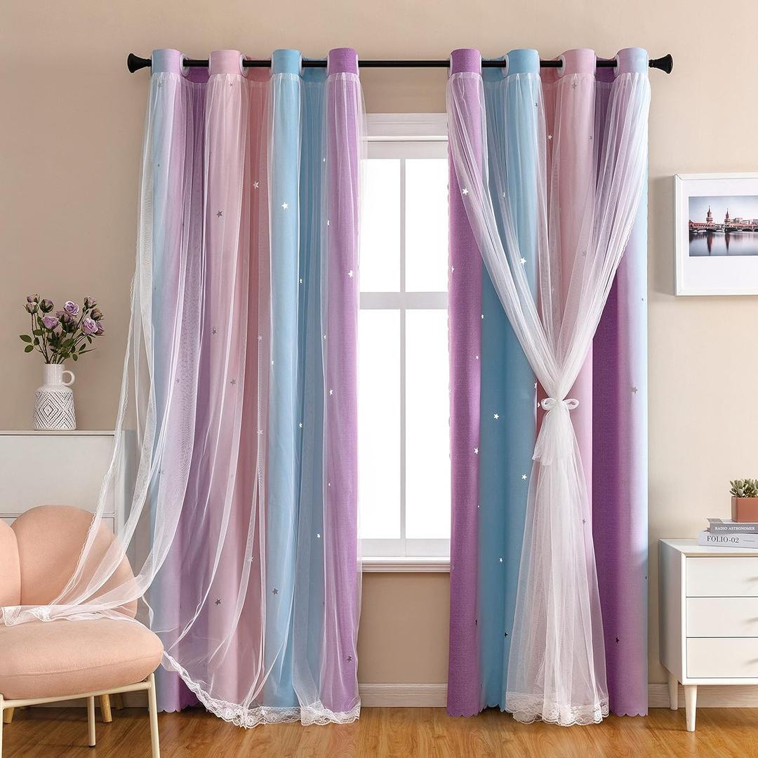 XiDi Dream Star Blackout Curtains for Kids Rooms Girl Princess Curtain for Daughter Bedroom 84 inches Long (Pink Purple, W52 X L84)