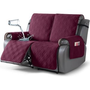 TAOCOCO 100% Waterproof Recliner Loveseat Cover Non Slip Couch Cover for 2 Seat Reclining Sofa, Split Reclining Loveseat Covers 2-Piece with Straps for Kids Pets(2 Seater, Wine)