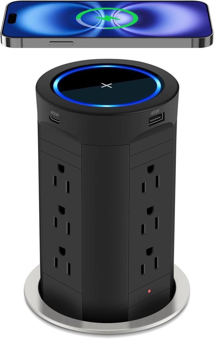 4-inch Pop Up Outlet for Countertop with 45W USB,17-in-1 Desktop Power Strip with 15W Wireless Charger,12 Outlets 4 USB Ports,15Amp Tamper Resistant Receptacle for Home Office Kitchen Black