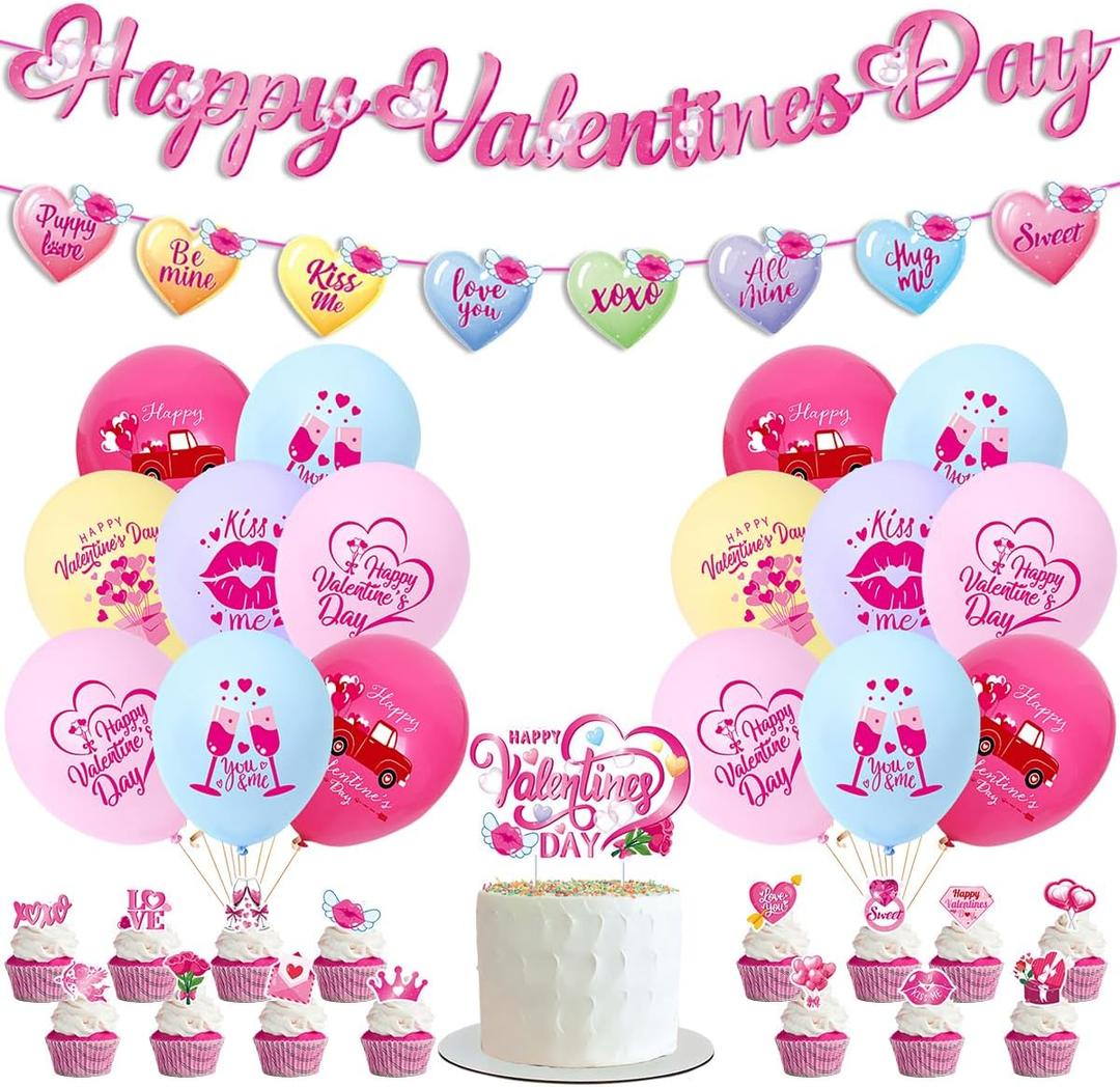 Valentine's Day Party Decorations, Happy Valentines Day Banner with Cupcakes Toppers and Romantic Latex Balloon, Valentines Theme Party Decorations Supplies