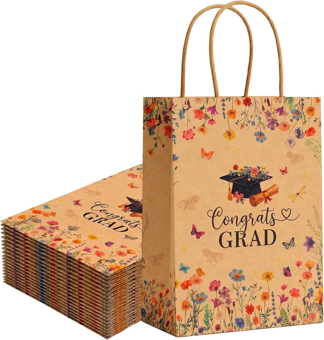 Gueevin 24 Pcs Wildflower Graduation Gift Bags 2026 Graduation Party Favors Floral Congrats Grad Paper Gifts Wrapping Bags for Class of 2026 Party Supplies Decoration (Brown)