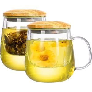Tosnail 2 Pack 18 Ounce Large Glass Tea Cup with Bamboo Lid and Tea Infuser Set, Tea Mugs with Strainer, Clear Teacups with Tea Filter, Glass Cups for Blooming Tea, Loose Tea Brewing