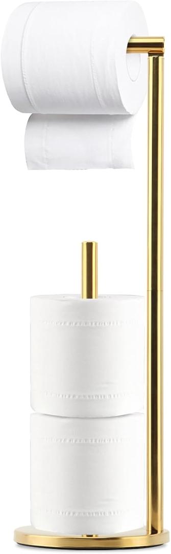 Toilet Roll Holder FreeStanding, Foldable Brushed Brass Toilet Roll Stand Storage Stainless Steel Bathroom, FreeStanding Dispenser Holds(Gold)