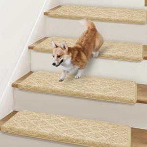 Bullnose Stair Treads Non Slip 9.5" x 32", 7 Pcs Carpet Stair Treads for Wooden Steps Indoor with Edge Protection, Reusable Peel and Stick TPU Backing Stair Runner Rugs - Diamond Pattern Beige