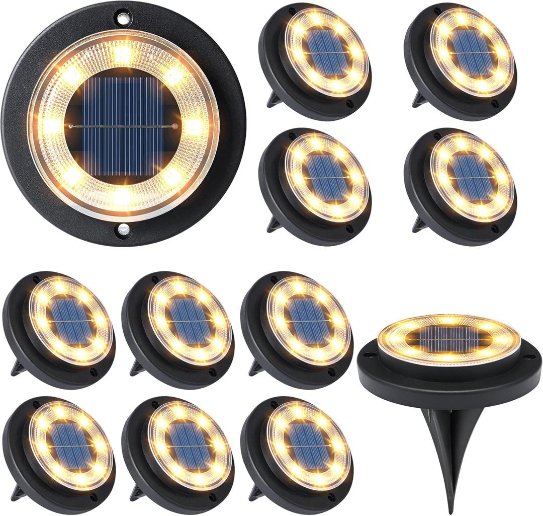 Flacchi Solar Lights Outdoor Waterproof - 2-in-1 Solar Powered Ground Lights Outdoor Solar Disk Light Landscape Light for Deck Step Patio Yard Pathway Walkway Driveway Garden (Warm White, 12 Pack)