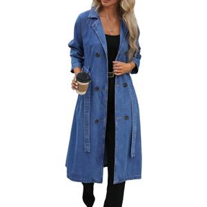 Womens Long Denim Jacket Plus Size Lapel Collar Long Sleeve Trench Coat Button Down Over Knee Tunic Outerwear (Large, Blue)
