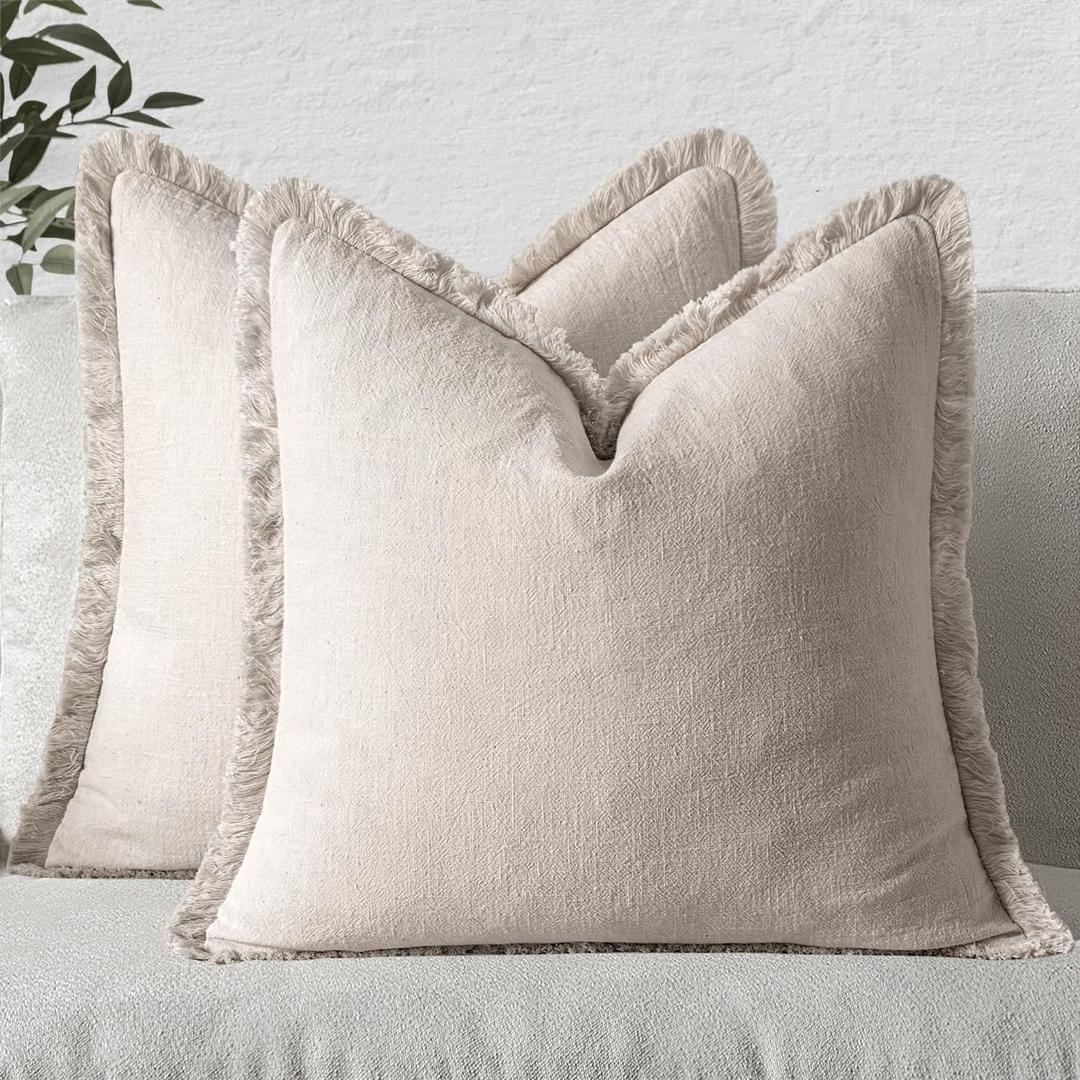 MIULEE Decorative Throw Pillow Covers Neutral Linen Fringe Throw Pillows Euro Shams Set of 2 Natural Beige Boho Farmhouse Cushion Covers for Couch Sofa Bed Living Room Spring Home Decor 22x22 Inch (22" x 22" (Pack of 2))