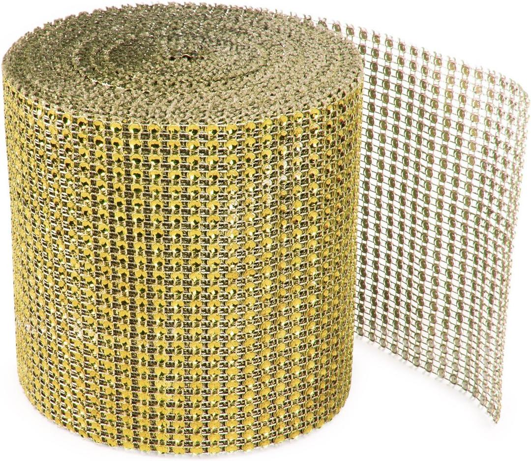 Super Z Outlet Sparkling Rhinestone Mesh Ribbon for Event Decorations, Wedding Cake, Birthdays, Baby Shower, Arts & Crafts, 4.75" x 10 Yards, 24 Row, 1 Roll (Gold)