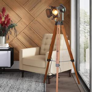 Industrial Floor Lamps for Living Room, Farmhouse Tripod Lamp for Bedrooms Vintage Steampunk Adjustable 55" Black Metal Camera Wooden Tall Standing Lights for Study Corner, Office (No E26 Bulb)