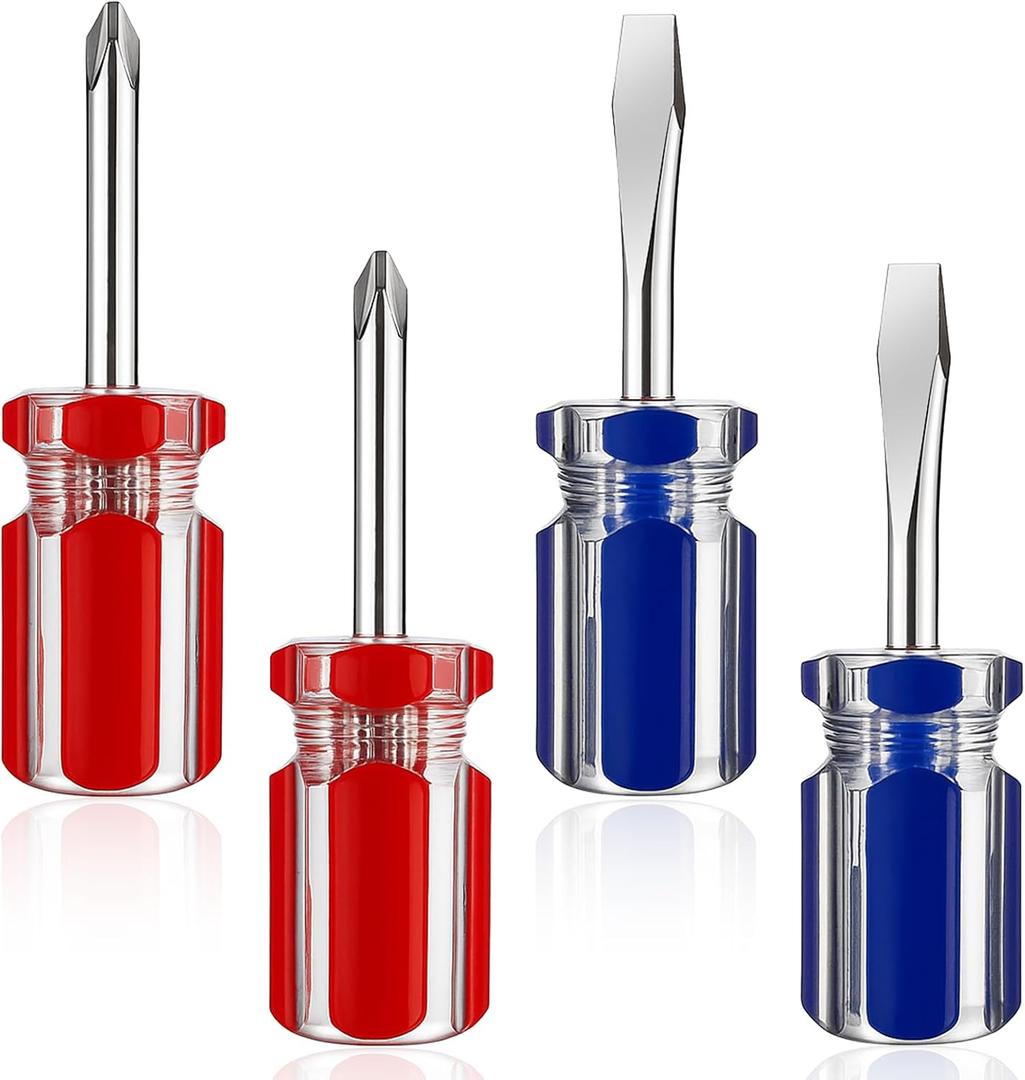 4PCS Short Screwdriver Set with Magnetic Tip, Flat and Cross Head Screwdrivers, Two-Color Small Handle Stubby Screwdriver, Compact Magnetic Tip Hand Tools for Tight Spaces DIY Home Car Electronics