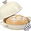 Enameled Round Cast Iron Bread Oven, 6 Qt Cast Iron Dutch Oven for Homemade Sourdough Bread Baking, Bread Pot with Dome Lid & Cotton Potholders (Cream White)