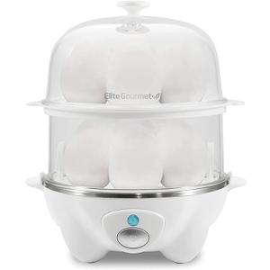 Elite Gourmet EGC1405W 2-Tiered Rapid Egg Cooker, 5-Egg Poacher, Omelets, Soft, Medium, Hard-Boiled Eggs with Auto Shut-Off and Buzzer, BPA Free, 14 eggs, White