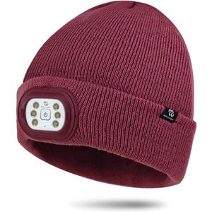LED Beanie with Light, 3 Adjustable Modes Headlamp Beanie Hat, Removable Rechargeable USB with Night Strobing for Outdoor Running, Camping, Hiking, Fishing, Christmas Gift for Men Women, Wine
