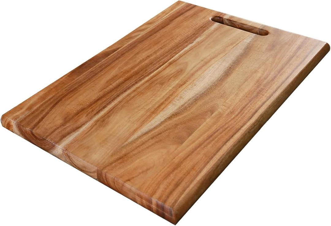 YSTKC Acacia Wood Cutting Board with Hand Grip 15" x 9.5" Inch, Wooden Reversible Chopping Board with Handle for Kitchen Meal Prep Serving, Chopping, Carving Meat, Fruits, Vegetables, Charcuterie