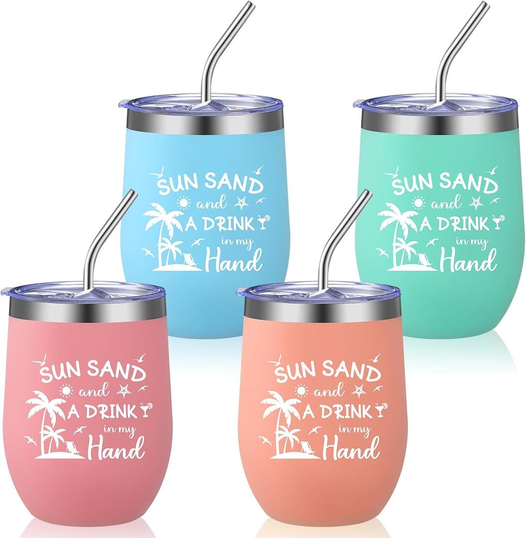 Patelai 4 Pcs Beach Girls Trip Tumbler Cups for Women Summer Beach Trip Gifts Favors Travel Gifts 12oz Vacation Cups for Friend Sister Vacation Organization(Sunsand Drink)
