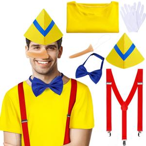 6 Pcs Storybook Costumes Fairy Tale Puppet Costumes Includes Short Sleeve Nose Hat Suspender Bow Gloves Fairytale Character Halloween Outfit for Adults Yellow