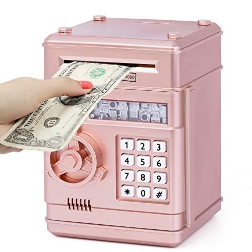 Refasy Piggy Bank Toy,Kids Toys Electronic Piggy Bank for Boys Girls Kids Safe ATM Bank Cash Coin Can for Children Money Bank Toys Money Saving Box Birthday Gift for Kid Age 3-12 (Rose Gold)