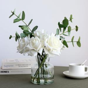14" Artificial Flowers with White Roses in Vase, Fake Flowers in Artificial Water Vase, Silk Flower Arrangements in Vase with Artificial Flowers for Home Dining Table Decor. (White Faux Rose Flowers in Vase)