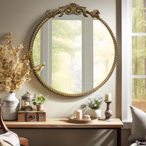 Round Mirror, 28''Baroque Style Circle Mirror Vintage Gold Metal Frame Wall Mirrors for Vanity, Bathroom or Bedroom