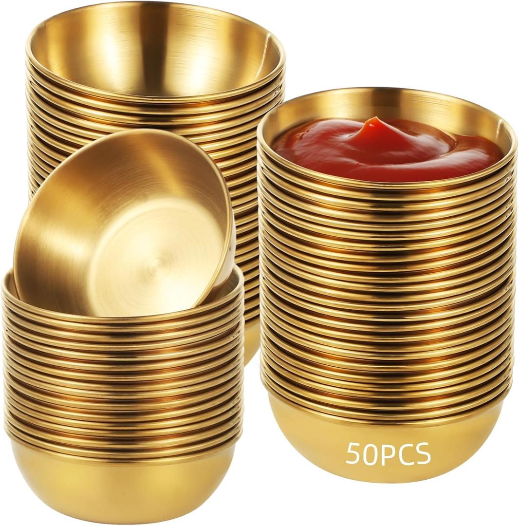 50 PCS Round Golden Sauce Bowls, 3.2 x 1.2 Inches Stainless Steel Dipping Sauce Cups, Reusable Metal Ramekins, Bowls for Ketchup, Marinara, BBQ Sauce, Appetizers, Facial Bowl for Esthetician Use
