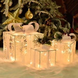 Christmas Decorations for Home, Set of 3 Lighted Gift Boxes, Warm White LED with Bows for Indoor Party Holiday Decor(Star)