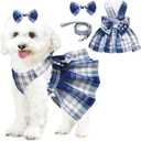 Dog Dress Bowknot Harness Leash Set for Small Dogs Girl Cute Plaid Dog Dress Pearls Bow Tie Spring Summer Princess Clothes Birthday Holiday Doggie Outfits for Puppy Cats Girl Apparel (Blue, Large)