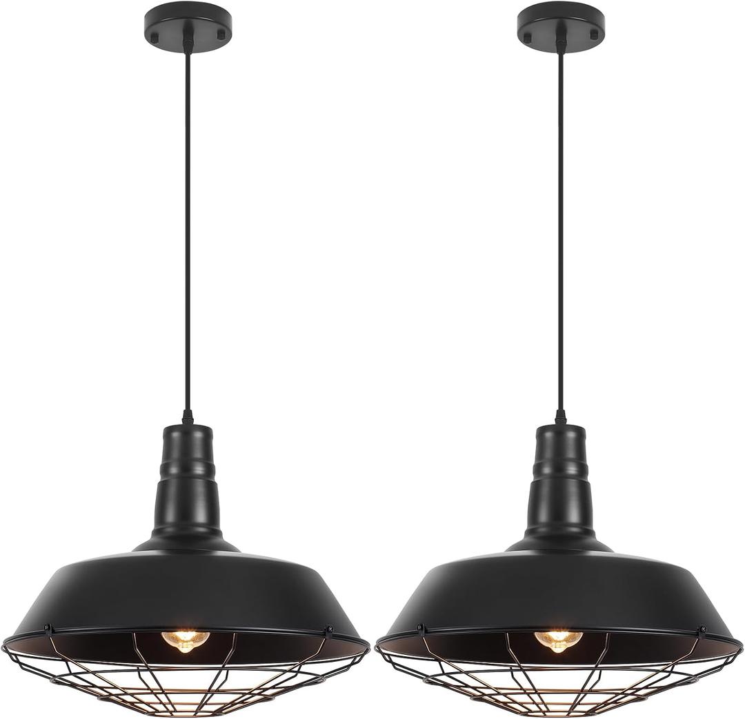 Black Farmhouse Pendant Light, 18.1 Inch Large Pendant Lights Kitchen Island, Industrial Pendant Light with Wire Cage, Barn Light 2 Pack, Island Pendant Lights for Kitchen Barn Dining Room