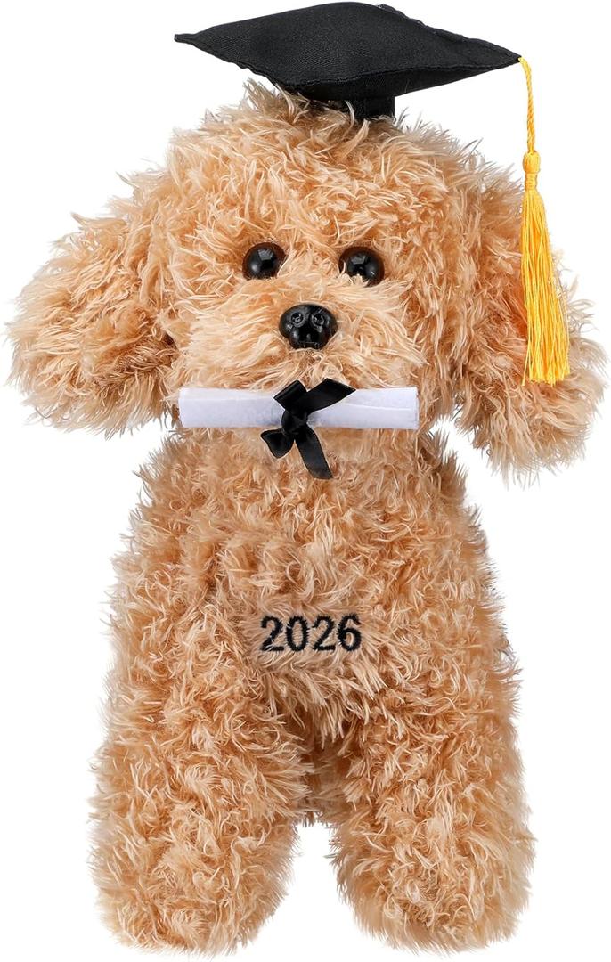 Civaner Graduation Dog Plush Stuffed Animal with Cap, Highland Cow Plush Toys, 11.8 Inches Cute Funny Graduation Gift for Grad Party(Beige Dog)