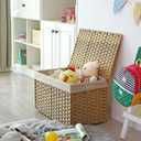 SONGMICS Storage Basket with Lid, Woven Blanket Storage Bin with Handles, Foldable, Removable Liner, Metal Frame, for Bedroom, Laundry Room, 17.2 Gallons (65 L), Natural URST56NL