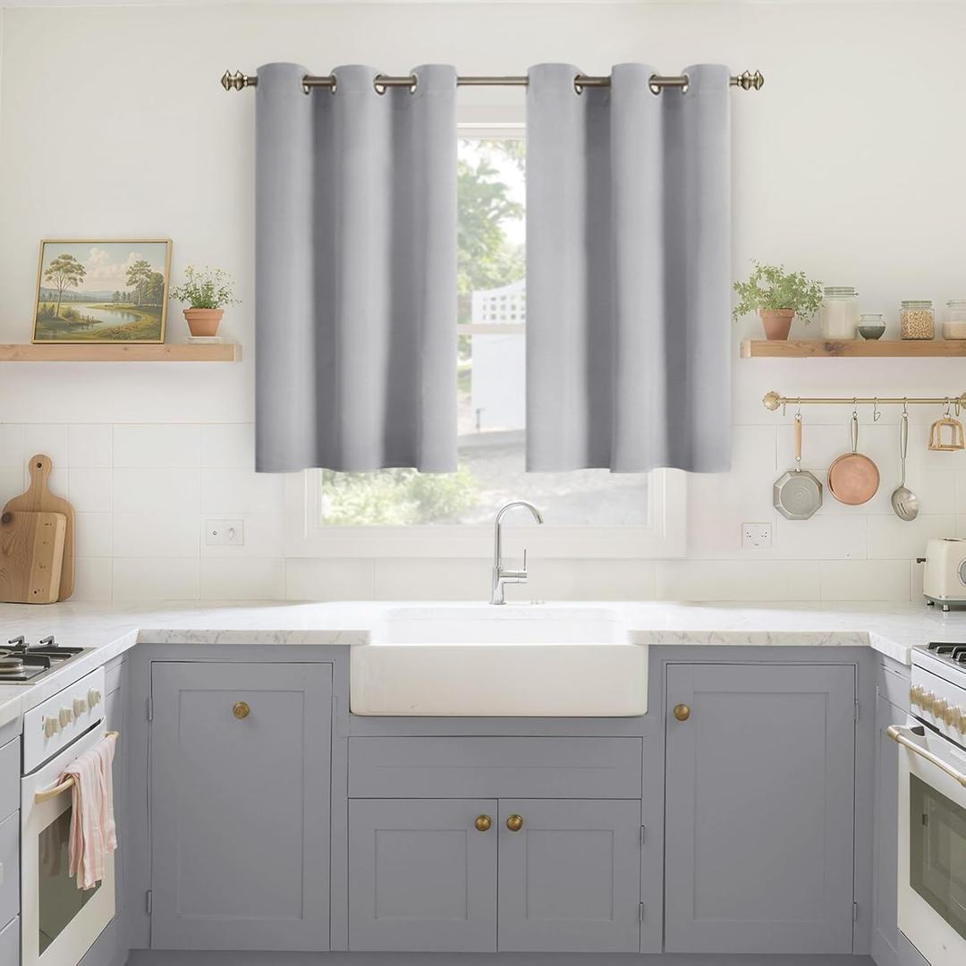 YoungsTex Light Grey Blackout Curtains 40 Inches Length for Kitchen Window - Short Thermal Insulated Drapes with Grommet Darkening Privacy for Bathroom Bedroom, 2 Panels, 42 x 40 Inch