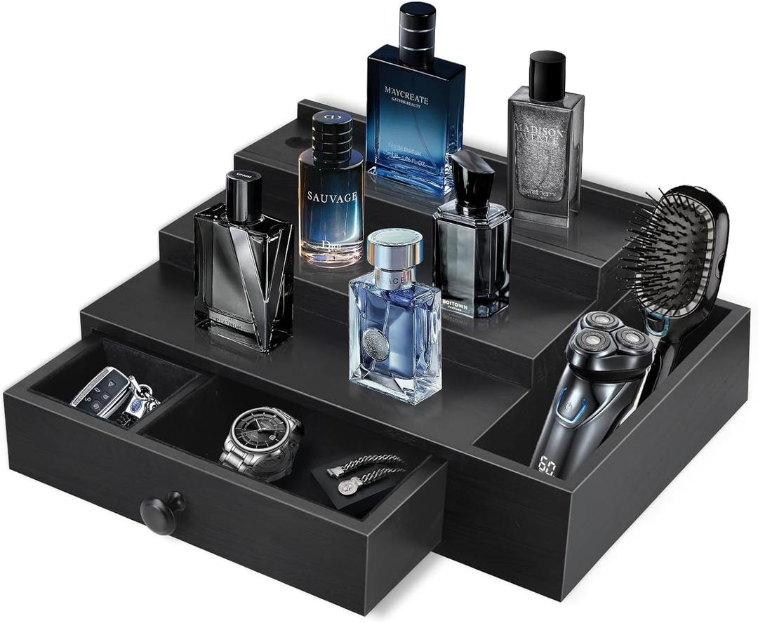 Cologne Stand Organizer for Men, 3 Tier Cologne Display Shelf with Velvet Lining Drawer and Compartments for Watch, Jewelry, Perfume Display Risers for Cologne, Great Gift for Father
