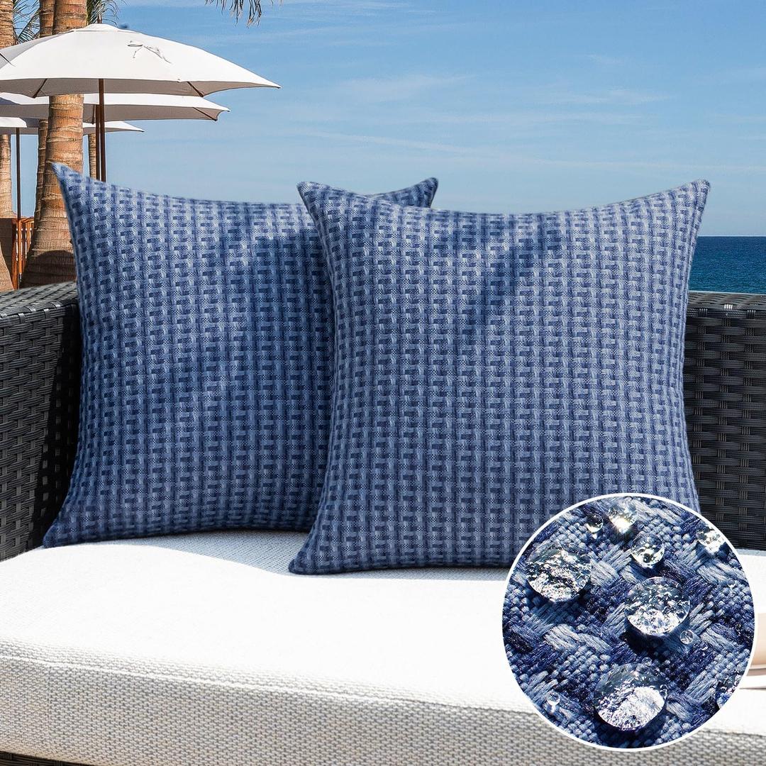 Kevin Textile Outdoor Waterproof Throw Pillow Covers Pack of 2 Farmhouse Decorative Cushion Covers for Garden Patio Tent Balcony Bench Couch Sofa 20x20 Inch, Navy Blue