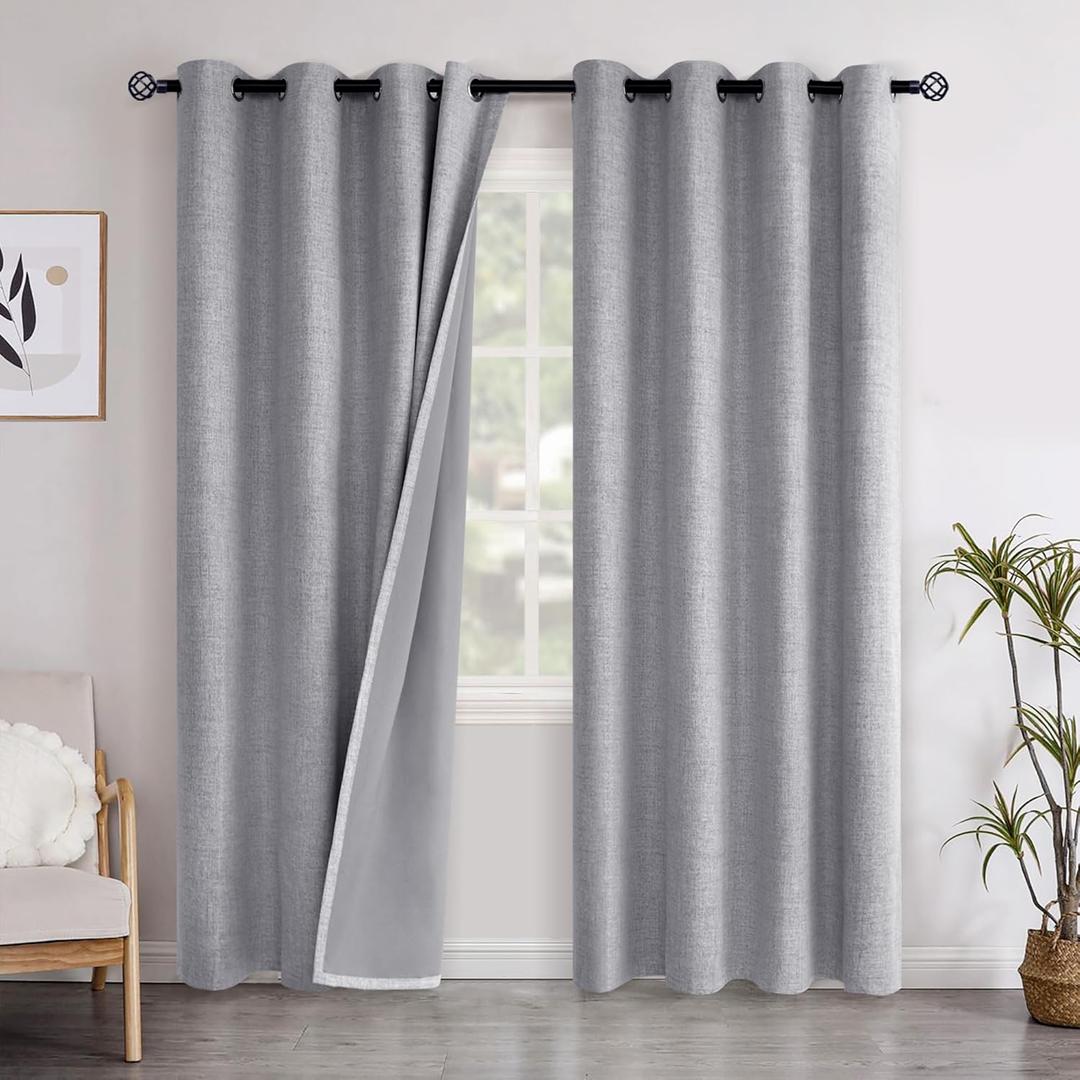 YoungsTex Grey Linen Blackout Curtains 80 Inches Long for Bedroom, Full Light Blocking Burlap Textured Drapes for Living Room Farmhouse Thermal Insulated Blinds with Grommet, 2 Panels, 52 X 80 Inch