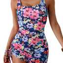 Eomenie Women's One Piece Swimdress Swimsuit with Drawstring Tummy Control Bathing Suits Push Up Swim Dresses with Bottom (L)