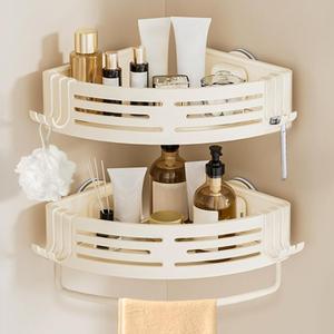 Conworld Corner Shower Caddy Suction Cups, Corner Shower Shelf With a Towel Bar, Shower Organizer Suction for Bathrooms Storage with Hooks, No-Drilling Removable (Aluminum, 2-Pack, Cream)