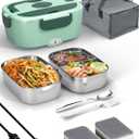 Heated Lunch Box for Men&Women - 80W Electric Lunch Box for Adults with Dual 1.5L 304 Stainless Steel Containers Fast Heating Portable Food Warmer for Car&Truck lonchera elctrica porttil (Light Green)