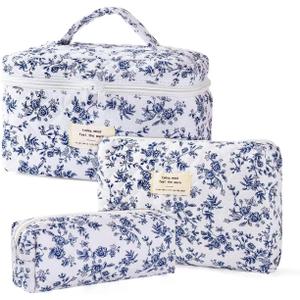 3Pcs Makeup Bag Cute Cosmetic Bags for Women, Large Capacity Travel Quilted Makeup Bag Set,Cotton Floral Makeup Pouch, Coquette Puffy Toiletry Bag,Attractive Quilted Pouch (Blue)