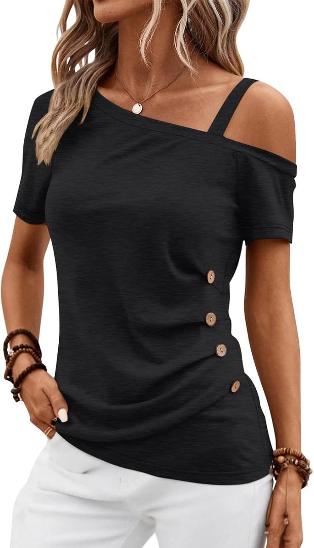 Womens Off Shoulder Tops Summer Asymmetrical Shirts Short Sleeve Button Ruched Blouses 2024 (Medium, Black)