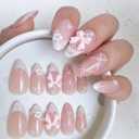 Coquette Bow Press-On Nails, 24pcs Blush Pink French Tip Almond Fake Nails with 3D Bow & Pearls, Medium Length Reusable Glue-On Nails Kit for Wedding, Prom & Date