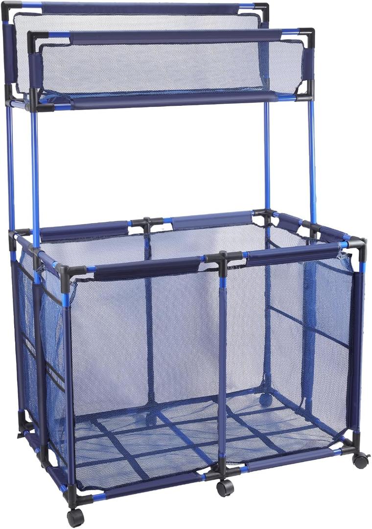 Pool Storage Bin Cart with Noodle Holder, Rolling Pool Storage Organizer Top Shelf Nylon Mesh Basket for Goggles, Floats, Balls and Floats Equipment