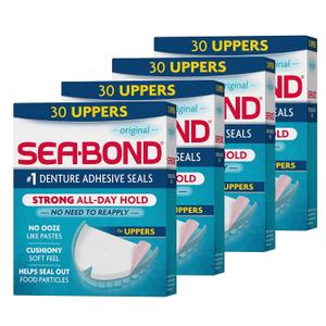 Sea Bond Secure Denture Adhesive Seals, Original Lowers, ZincFree, AllDayHold, MessFree, 30 Count (Pack of 4)