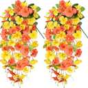 Artificial Hibiscus Fake Hanging Flowers Plants for Outdoors Fall Autumn Decoration, 2pcs Silk Hibiscus Trailing Vines UV Resistant Realistic Faux Flowers for Outside Front Door Porch Yard Indoor, Mix (Orange Yellow)