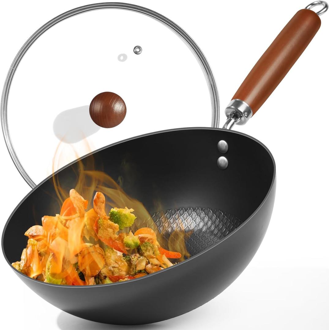 10.5-Inch Carbon Steel Wok, Stay-Cool Wooden Handle Stir-Fry Pan for 23 Servings, Authentic Chinese Cooking For All Stovetops, Non Toxic, Oven-Safe, 2-Piece Set