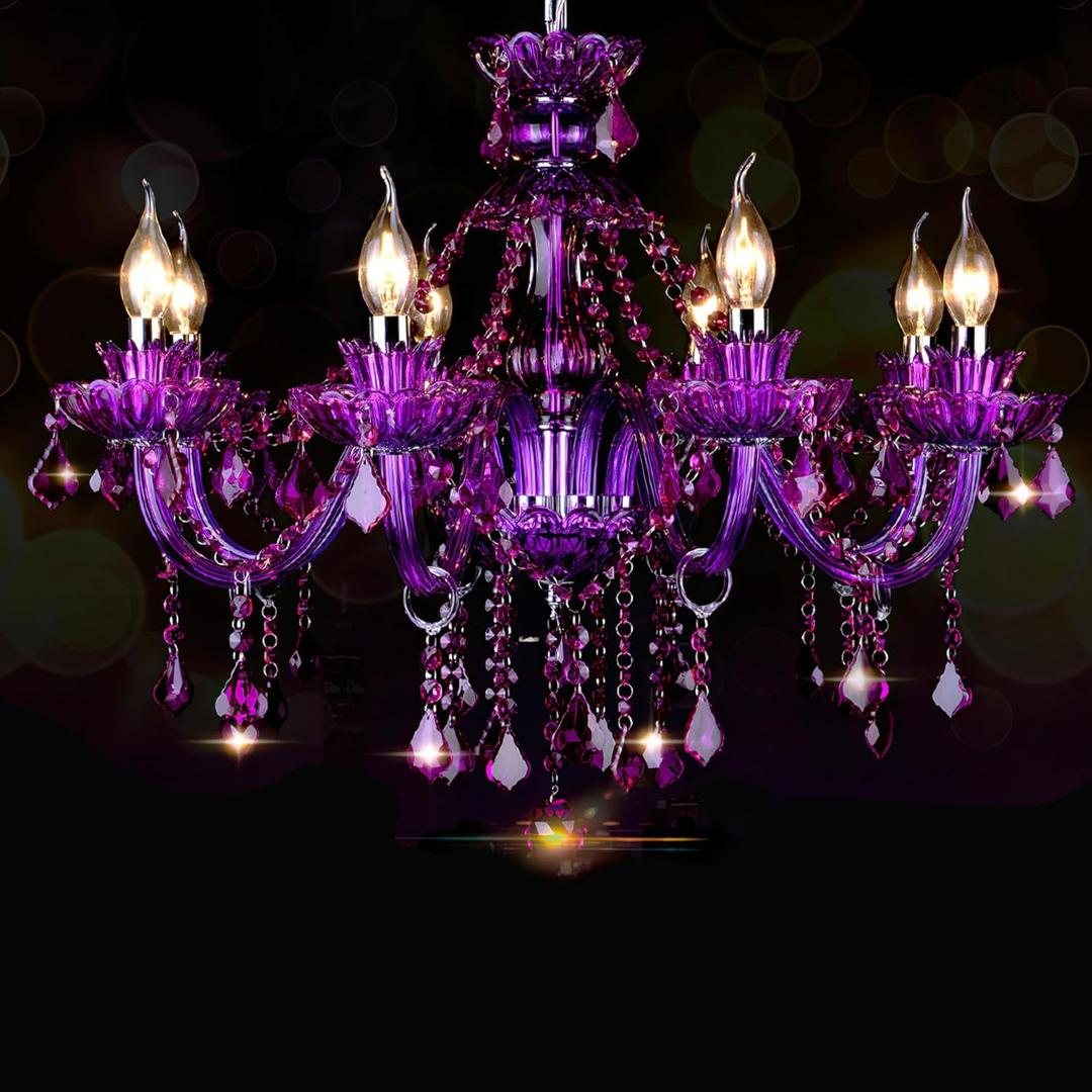 Bagood Purple 8 Lights K9 Crystal Candle Chandeliers Lighting Modern Pendant Lights Ceiling Fixture Lamp for Dining Living Room Bedroom Entry Elegant Decoration E12 Base, H20.5 x W28.3 Inch