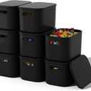 ORGIDOL 8 Pack Black Storage Bins with Lids Stackable Storage Container for Organizing, Black Storage Boxes with Handle for Shelves, Cute Organizer Bins for Craft, Snacks, 9.85x6.9x5.7 inch