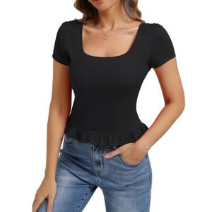 Belle Poque 2026 Summer Cute Tops for Women Black Short Sleeve Crop Tops Square Neck Ruffle Hem T Shirts S (Black, S)