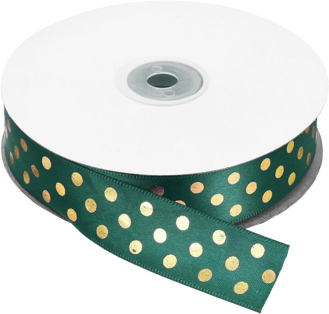 MECCANIXITY Polka Dots Grosgrain Ribbon 50 Yards 1 Inch Dark Green with Gold Dots Polka Dots Ribbon Bow Decoration for Crafts Gift Wrapping Wedding DIY Handmade
