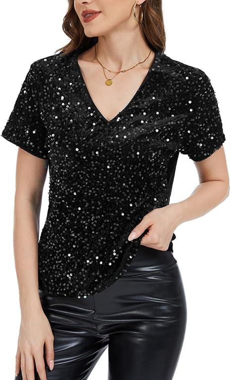 MINTLIMIT Womens Sequin Tops Velvet Glitter Party Shirt Short Sleeve Sparkle Blouses V-Neck Loose Summer Shimmer Shirts, M