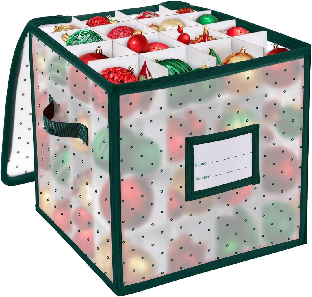 BINSUNS Christmas Ornament Storage Box, Christmas Storage Containers Organizer Bag with Dividers - Fits up to 64 Holiday Xmas Ornaments Decorations 3" Seasons Balls (Green)