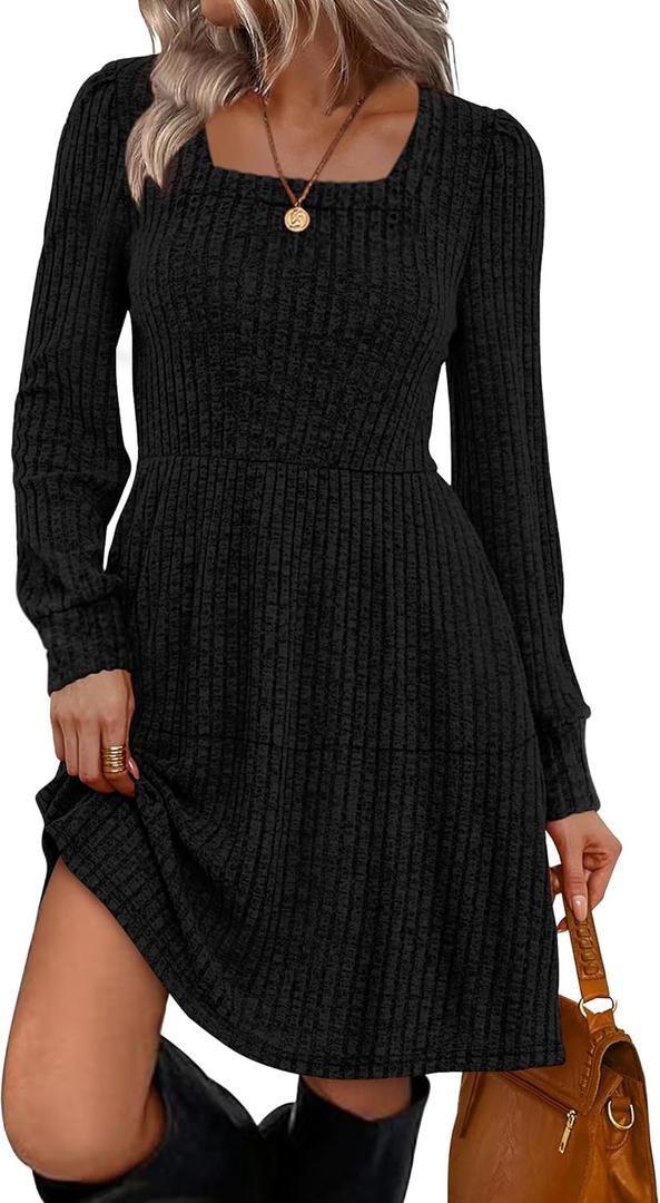 Sampeel Womens Square Neck Long Sleeve Fall Dresses Casual Babydoll Sweater Dress (X-Large, Black)